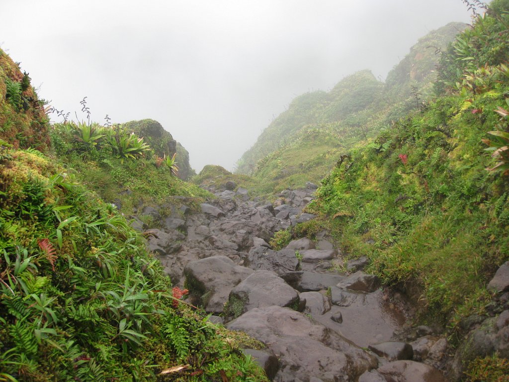 Strong cloudburst on the way down from the volcano La Soufrière