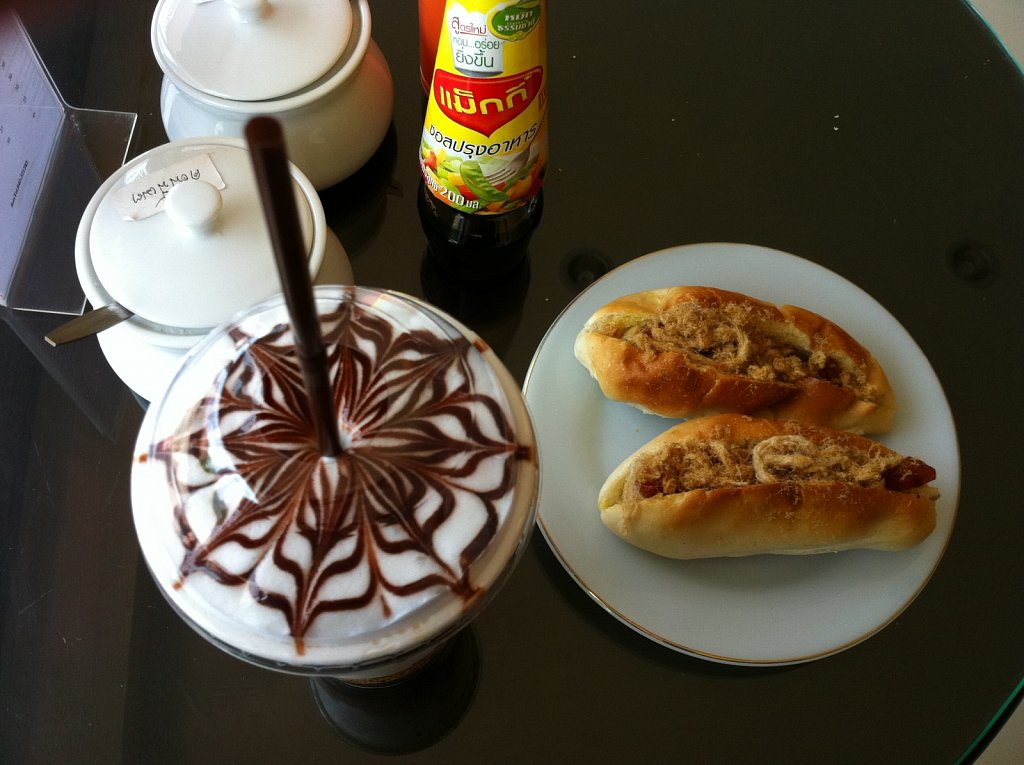 Usual breakfast: Iced cappuccino with meat wool/silk pork filled bread and spicy sauce